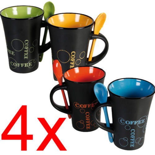 4 X Coffee Mug With Spoon Tea Set Drink Latte Cups Ceramic Kitchen Espresso Cafe