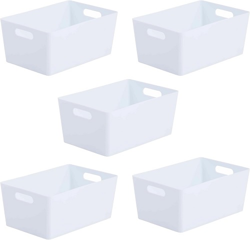 WHITE- Vivo Technologies 5 Pack Storage Boxes with Handle,Plastic Portable Storage Baskets Rectangular Container Boxes,Strong Cupboard Storage Boxes for Storage