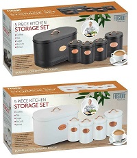 Add a review for: 5 Piece Storage Kitchen Canister Set Tea Coffee Sugar Biscuit Tin Bread Bin Jars