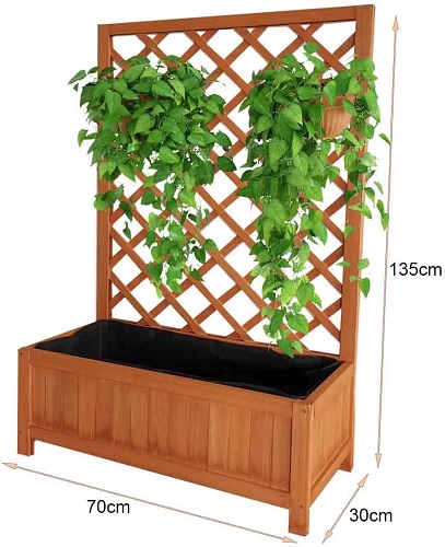Vivo Technologies Large Rectangular Wooden Planter with Liner and Lattice Trellis Panels for Climbing Plants, 70x30x135cm Flower Plant Pot Box for Garden Patio