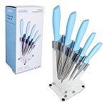 5pc Kitchen Knife Block Set - Bread Utility Fruit Chef Knives and Acrylic Stand - Blue 