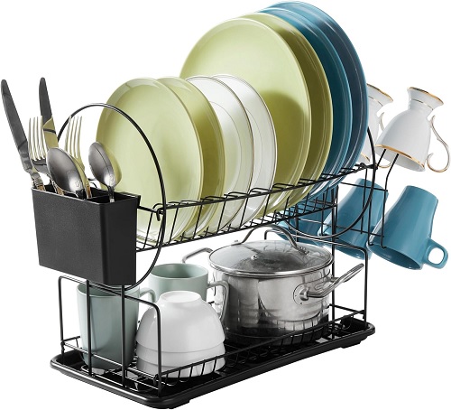 Vivo Technologies 2 Tier Dish Drying Rack, Dish Drainer Rack with Drip Tray Anti Rust Black Draining Dish Rack with Draining Board and Utensils Holder for Kitchen Counter