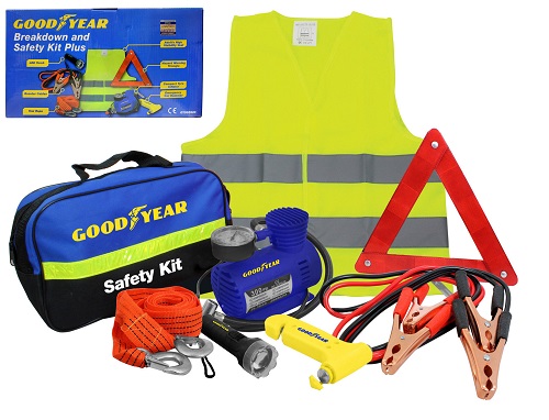 Goodyear 8pc Vehicle Safety Kit Tow Rope Jump Lead Torch Air Compressor Triangle