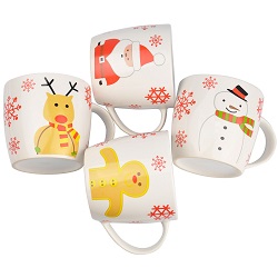 Set of 4 Novelty Christmas Mug Set - Father Xmas, Snowman, Gingerbread Man, Deer