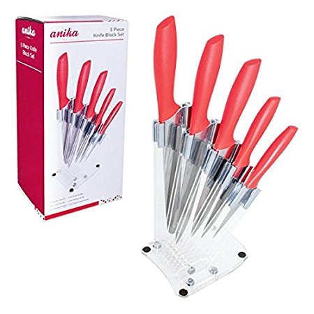 5pc Kitchen Knife Block Set - Bread Utility Fruit Chef Knives and Acrylic Stand - Red