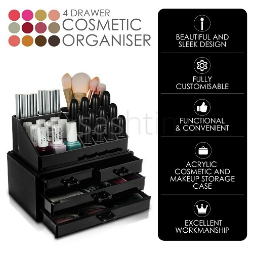 Cosmetic Organiser 4 Drawers Black Acrylic Jewellery Box Makeup Storage Case
