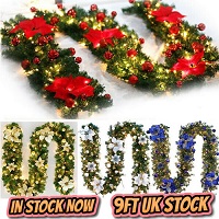 9FT Pre Lit Christmas CWG9F Garland with Lights Door Wreath Xmas Fireplace Decor LED