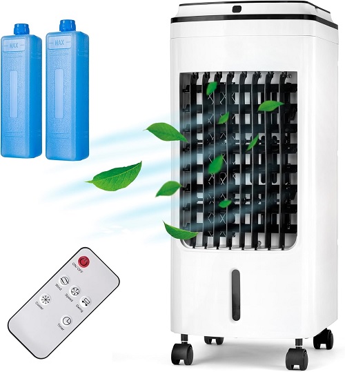  Portable Evaporative Air Cooler with Remote Control 4L, Cooling Fan AC Unit with 3 Speed Settings and 2 Ice Boxes, 7.5 Hour Timer, 360  Wheels for Home,Office