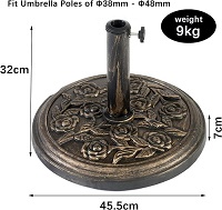 Add a review for: 9kg Cast Iron Effect Garden Parasol Base,Umbrella Stand With Floral Rose Design for Outdoor Furniture Umbrella, Gazebo, Patio,Awning,Parasol Holder with Adjustable Knob H32 x D45.5cm