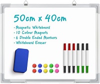 Add a review for: 50 x 40CM Magnetic Whiteboard,Wall Hanging White Board with 10 Colour Magnets, 6 Double Ended Market Pens,Whiteboard Eraser, Drawing Memo Notice Board for Office, School