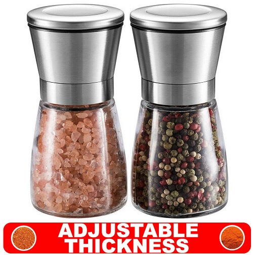 Adjustable Salt & Pepper Grinder Set Stainless Steel Glass Mill Coarse Grinding