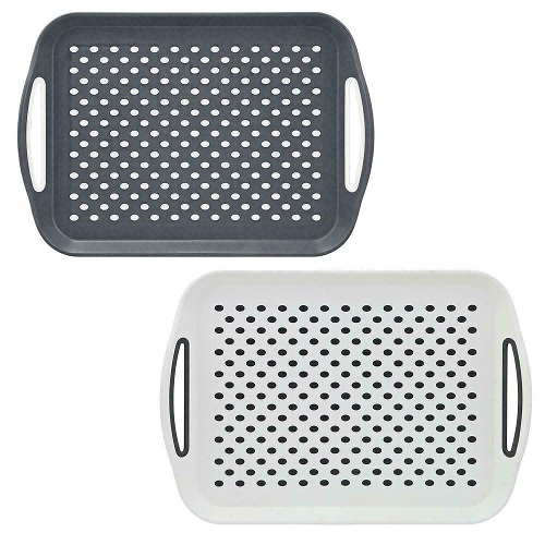2 x Anti-Slip Plastic HOM3350 Serving Tray With High Grip Rubber Surface Non-Slip- White & Grey