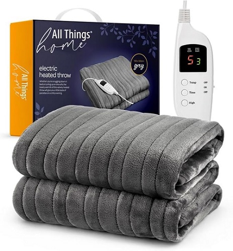 GREY - Large Electric Heated Blanket Throw 160x130cm Fast Heating Flannel Blanket 9-Hours Auto-Off Timer 9 Heat Levels Machine Washable Soft Fleece Overblanket Duvet Digital Remote Removable Switch 