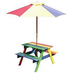 Add a review for: Children's Wooden Rainbow Garden Picnic Table Bench Parasol Set Kids 