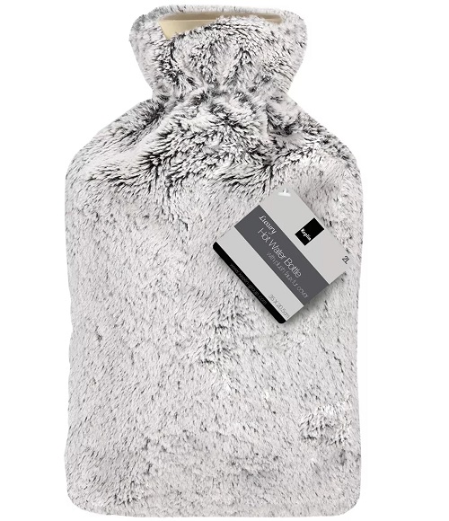 FLAT GREY - Luxury Large 2L Rubber Hot Water Bottle With Warm Knitted Fleece Faux Fur Cover