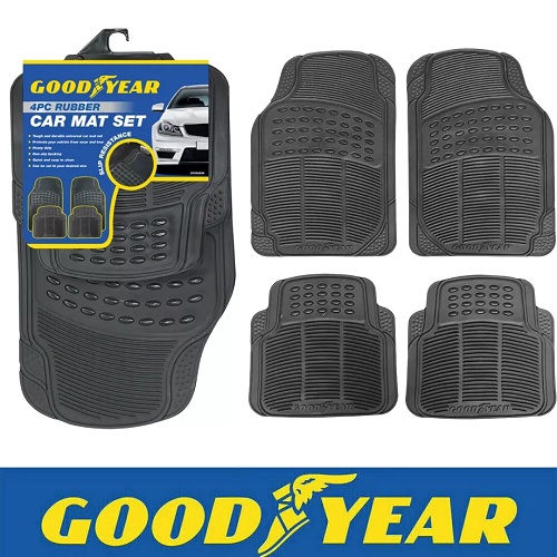 Goodyear 4pc Heavy Duty Car Mat Rubber Carpet Set Universal Fit Non-Slip Backing