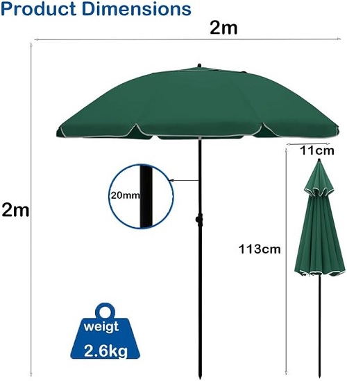 Vivo Technologies 2M Outdoor Garden Parasols,Garden Parasol Umbrella with Crank Handle,Tilting UV30+ Protection Sun Shading Umbrella,Water Repellent Portable Sunshade for Balcony, Bench,Deck,Patio