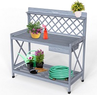 Wooden Garden Potting Table with Drawer and Trellis, Planting Potting Bench Work Station with Hooks and Shelves, Flower Plant DIY Workstation for Patios,