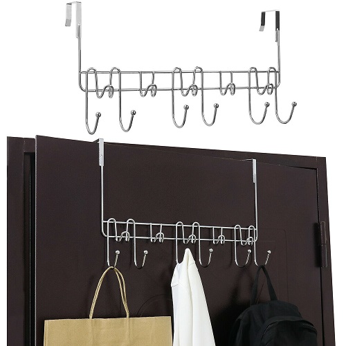DH11K 11 Hook Over The Door Organiser Rack Hanging Coats Bath Towels Hat Purses Chrome