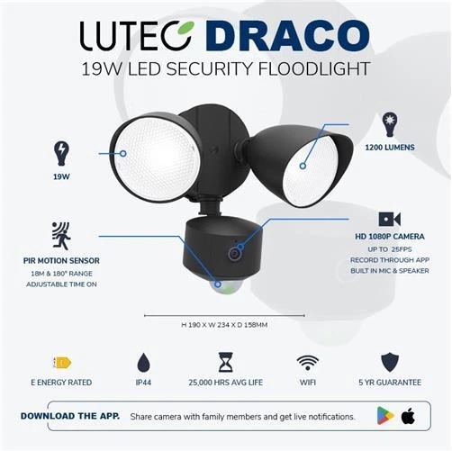 19W LED Floodlight WIFI Security Light Camera FHD PIR Sensor 1200 Lumens 1080P