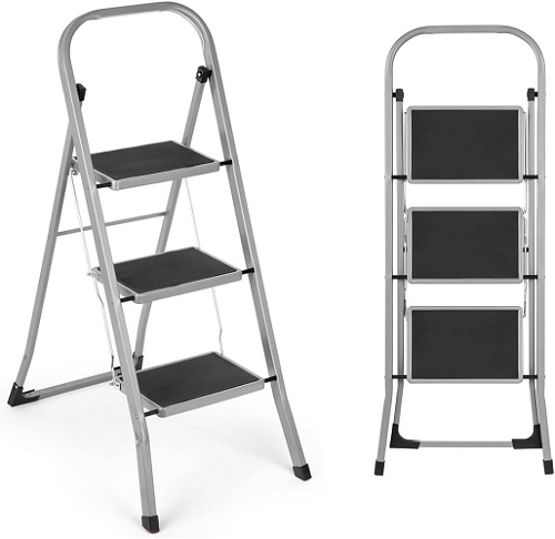 3 Step Ladder, Portable Folding Step Ladder Lightweight Sturdy Steel Ladder with Anti Slip Feet, Easy to Store Step Stools for DIY and Gardening, 150kg Capacity, Grey