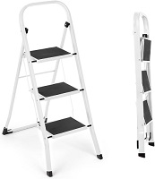 Add a review for: 3 Step Ladder, Portable Folding Step Ladder Lightweight Sturdy Steel Ladder with Anti Slip Feet, Easy to Store Step Stools for DIY and Gardening, 150kg Capacity, White