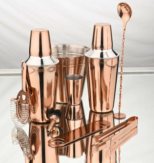 Manhattan 9pc Copper Plated Stainless Steel Cocktail Set Shaker Glass Bar Tong 297041