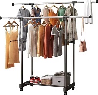 Add a review for: Vivo Technologies Double-rail Adjustable Tidy Rack Mobile Garment Rack Clothes Clothing Rail Stand on Castor Wheels with Hanging Rail and Storage Shelf
