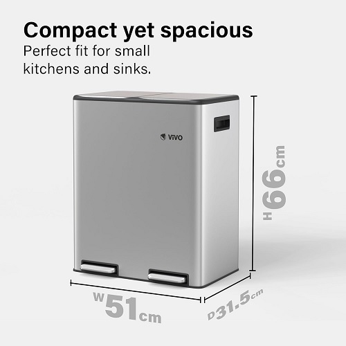 60L Dual Rubbish Bin, Recycling Bin with 30 Rubbish Bags, 2 Compartments Waste Separation, Rectangular Metal Pedal Bin Soft-Close with Lids, with 2 x 30L Removable Inner Buckets for Kitchen Cool Grey