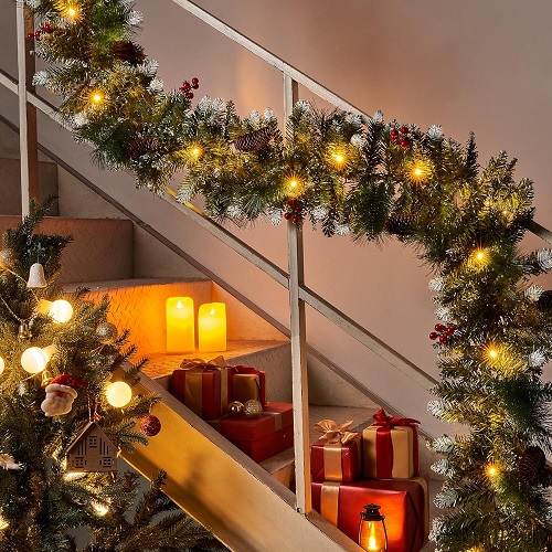 Luxury Thick Pre-Lit 9FT Snow Christmas Garland, Artificial Xmas Garlands with 50 LED Lights, Pine Cones and Red Berries, PE & PVC Needles for Fireplace Stairs Door Window Christmas Decorations (Snow)