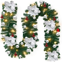 Add a review for: Christmas Garland with Lighting Decoration, 9Ft/2.7M Decorated Garlands with Flower Ball for Stairs Fireplace Wall Door Xmas Tree Garden Yard Outdoor Indoor Decor (Silver)