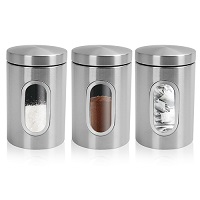 Add a review for: Kitchen Canister Set 3 Piece Coffee Tea Sugar Caddy Clear Viewing Window Silver