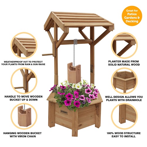 Wooden Wishing Well Planter for Garden | Indoor | Outdoor | Solid Natural Wood